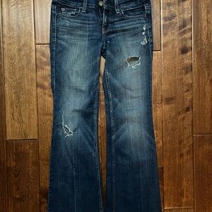 American Eagle Outfitters Dark Distressed Jeans- low rise ripped flared jeans